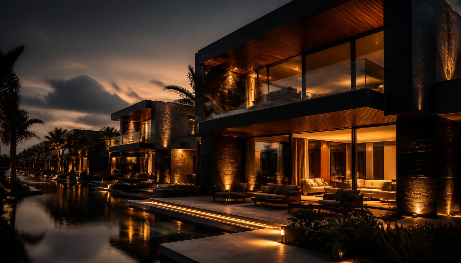 Bayfront luxury villa at dusk